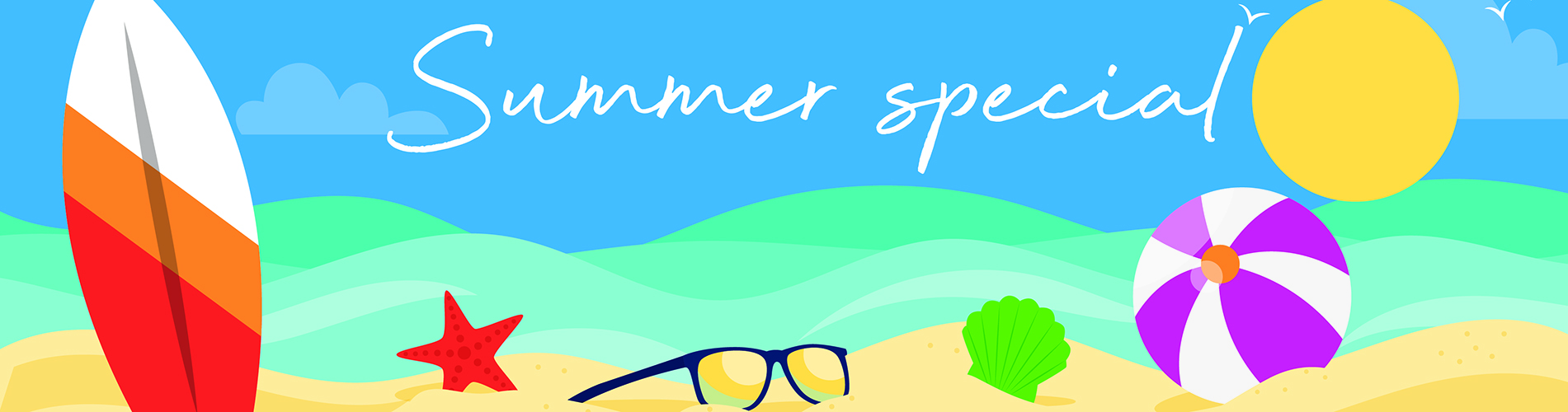 Summer special on beach background with surfboard and sun