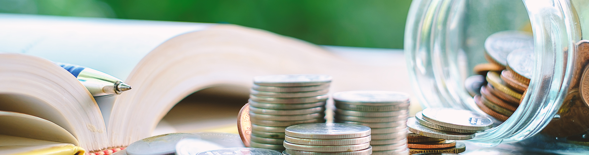 book and stacks of coins