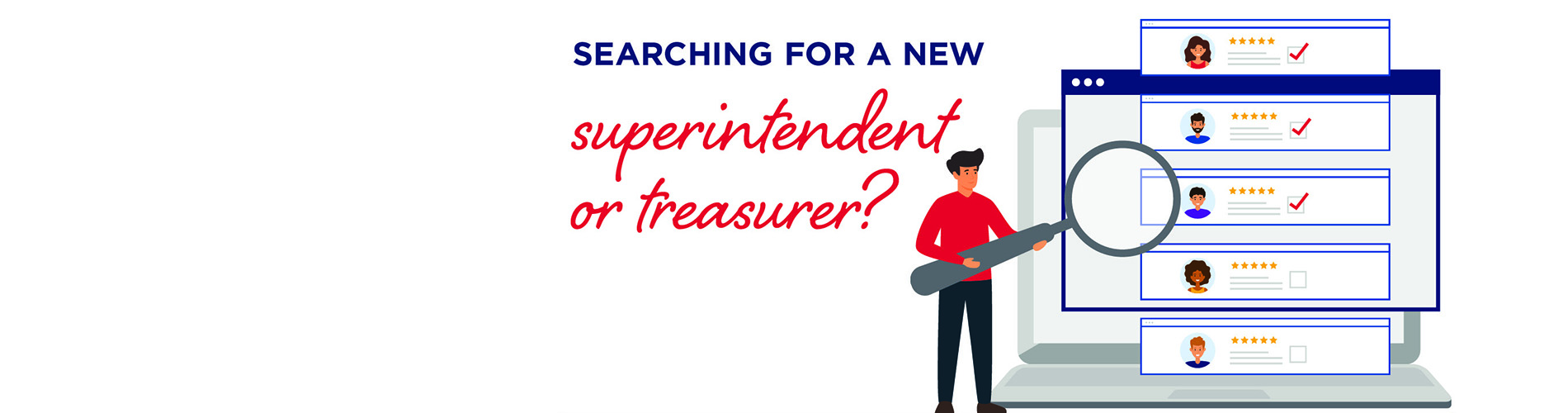 man holding magnifying glass reviewing job applicants online